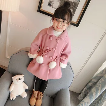

2019 Winter Girls Fashion Jacket Cotton Tops Pink Hair Ball Thickening Plus Velvet Children's Clothes Faux Fur Children's Wear