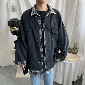 

Autumn New Denim Jacket Men Fashion Wash Retro Casual Fake Two Piece Denim Jacket Man Streetwear Hip Hop Loose Bomber Jacket