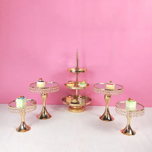5pcs set Новое поступление золотой кристалл торт стенд набор Гальваническое Золотое зеркало лицо помадка кекс сладкий стол конфеты бар украшения стола - Цвет: 5pcs set