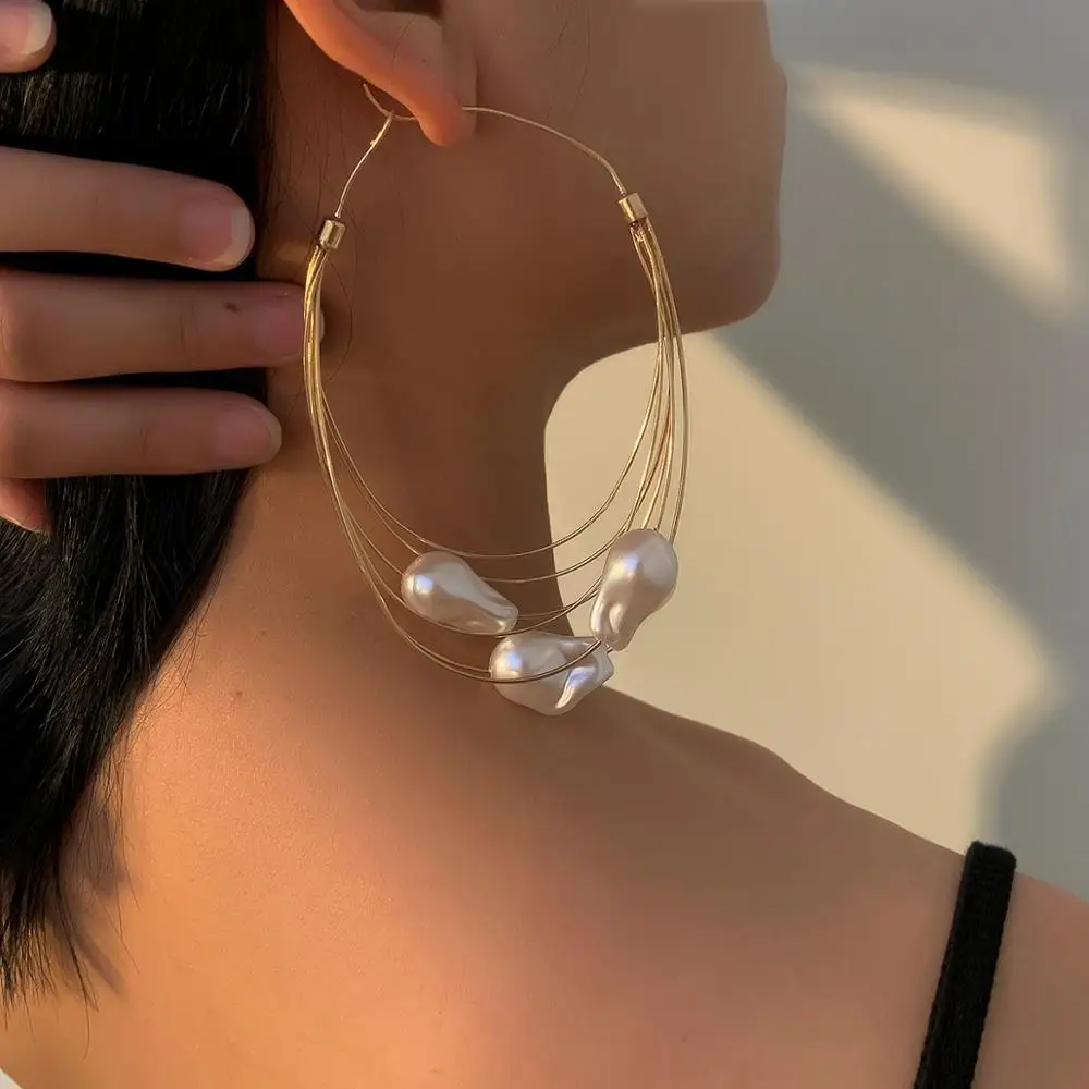 SHIXIN Pearls Big Hoop Earrings for Women Layered Large Circle Earrings 2020 Fashion Jewelry Trendy Wedding Earings Korean Girls