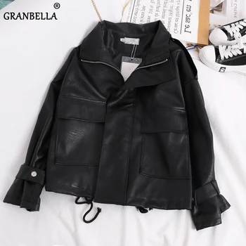 

Stylish drawstring black pu leather coat for women all-matched British style motorcycle faux leather biker jackets with pocket
