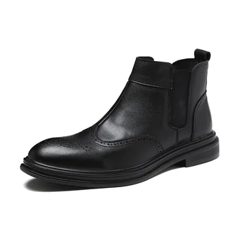 

Autumn Men's Genuine Leather Chelsea Boots Slip On Shoes Black Wingtip Formal Dress Brogue Bootie Male Ankle Boot Shoe botas