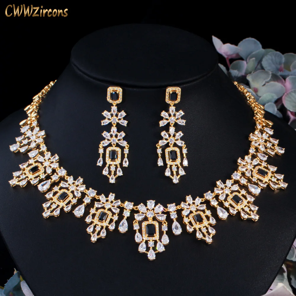 

CWWZircons African Dubai Gold Color Cubic Zirconia Black Stone Necklace Earring Luxury Wedding Bridal Jewelry Set Accessory T522