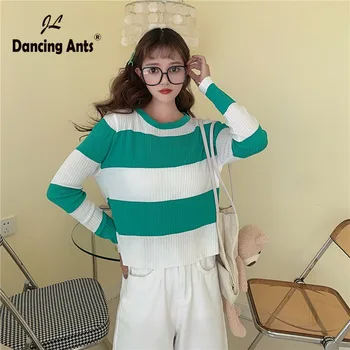 

Woman Sweaters Korean Knitted Slim Long Sleeve Striped Sweet Women Pullover O-Neck Jumper Solid Outwear Tops Autumn New