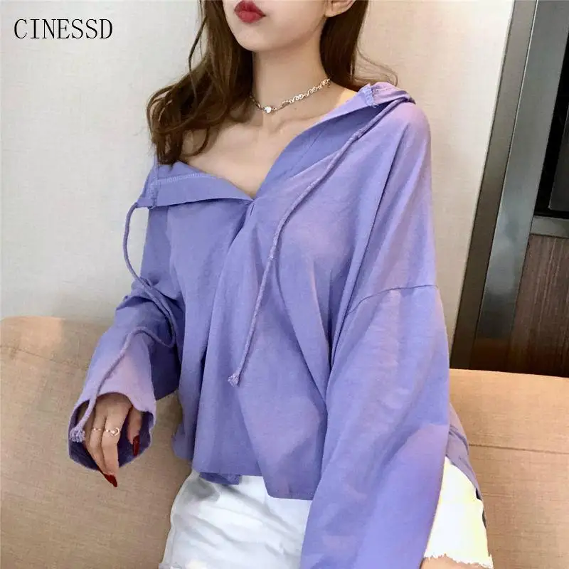 purple t shirt Весенняя футболка с капюшоном, v-образный вырез, сексуальные футболки, женские топы с длинным рукавом, женская футболка, розовая, фиолетовая футболка, новая модная одежда - Цвет: purple t shirt