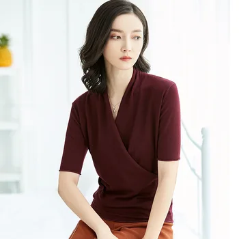 

Women's New V-neck Waist Solid Color Knit Short Sleeve Shirt 2020 red