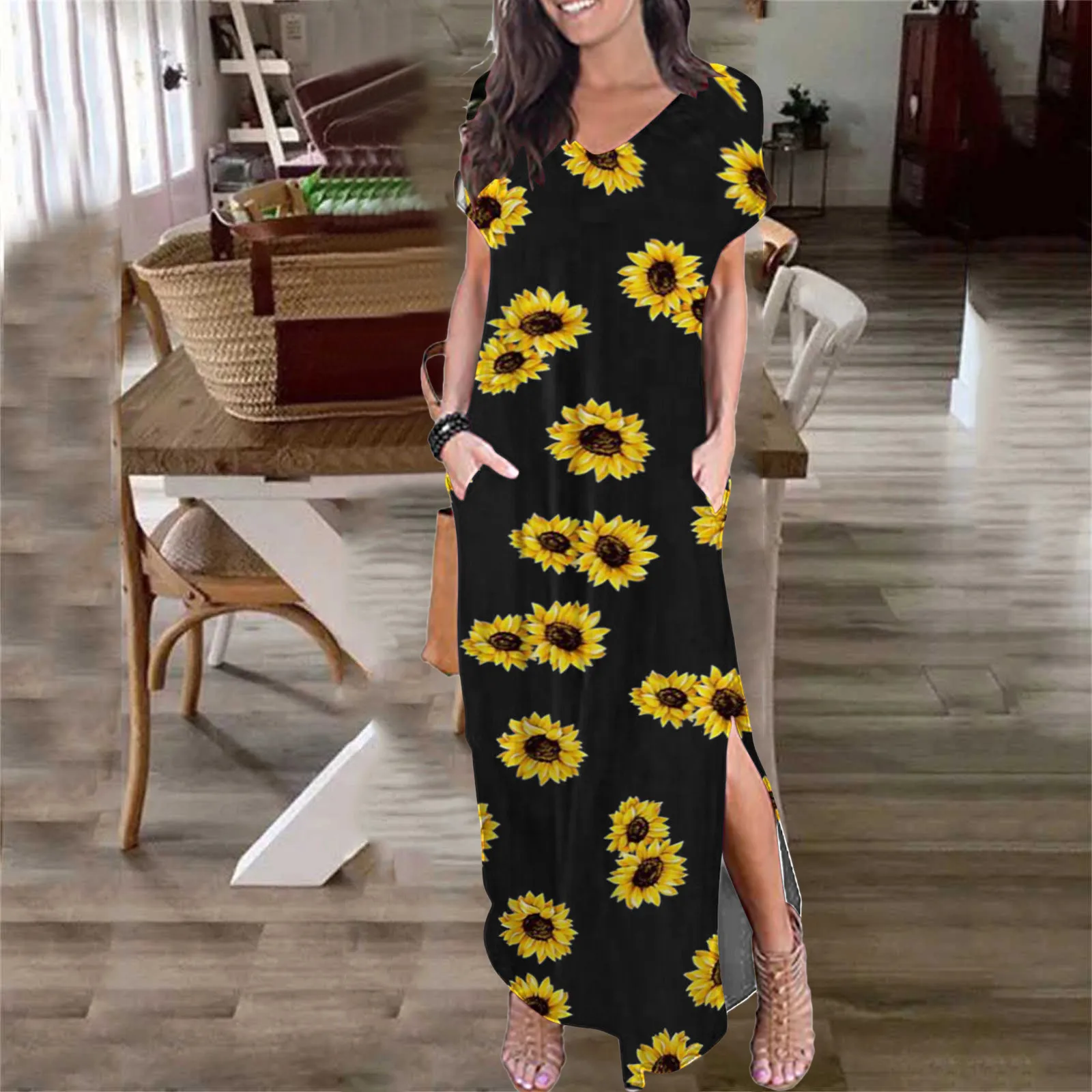 Sunflower Printed Dresses Women High Split Long Dress 2021 V Neck Elegant Casual Women's Summer