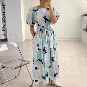 

SHENGPALAE 2020 New Summer Women Vintage Loose High Waist Slim Was Thin Elegant Single-breasted Hit Color Maxi Dress ZA4934