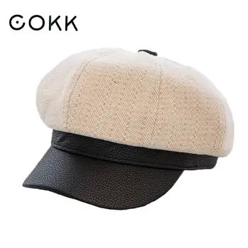 

COKK Autumn Winter Hat Women Cashmere Octagonal Beret Leather Brim Newsboy Cap Painter Hat Casual Fashion Hat Woman Gorros New