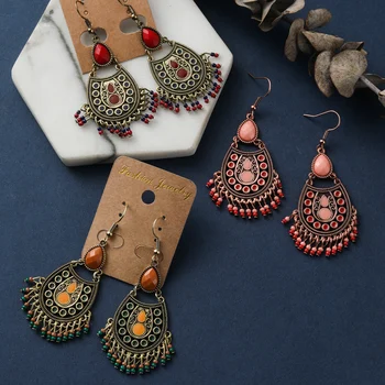 

Vintage Boho Ethnic Rose Golden Statement Beads Tassel Dangle Drop Earrings for Women Female Fashion 2019 Jewelry Accessories
