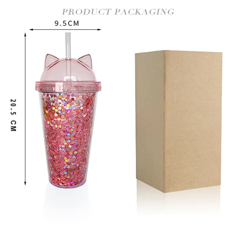 420ml Cat Ear Water Bottle For Girls with Sequins BPA FREE Double wall Tumbler with straw reusable Smoothie Cup Drinkware