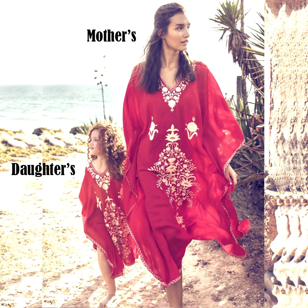 

2019 Women Girls Beach Cover Up Bikini Print Red Beachwear Summer Swimsuit Cover Up Loose Kaftan Beach Dress Cover Ups