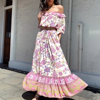 

Summer Beach Boho Casual 2020 Women Sets Floral Printed Blusas 2 Piece Set Vintage Off Shoulder Short Tops Elastic Maxi Skirt