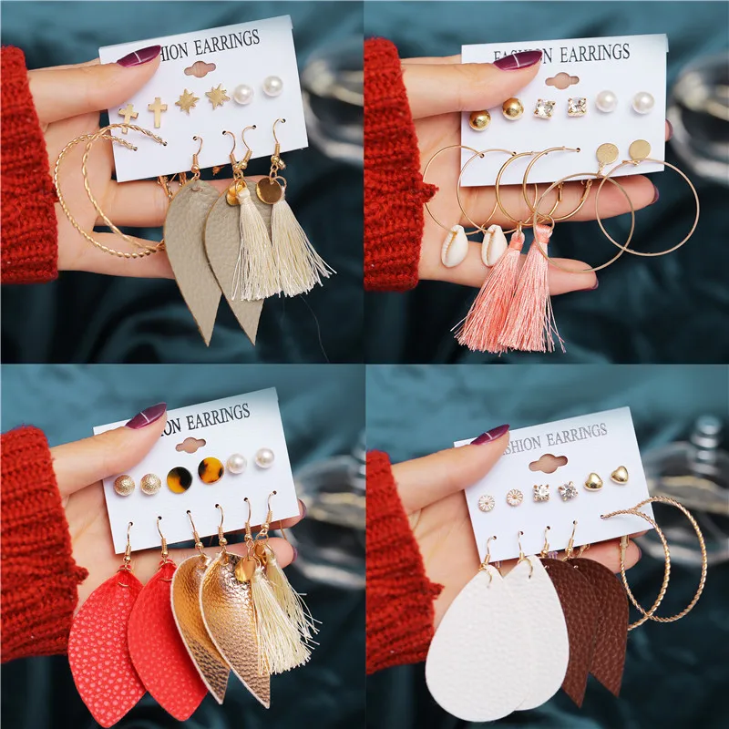 Bohemian Leaf Leather Tassel Drop Earrings Set Fashion Mixed Geometric Dangle for Women Oorbellen Brincos | Украшения и
