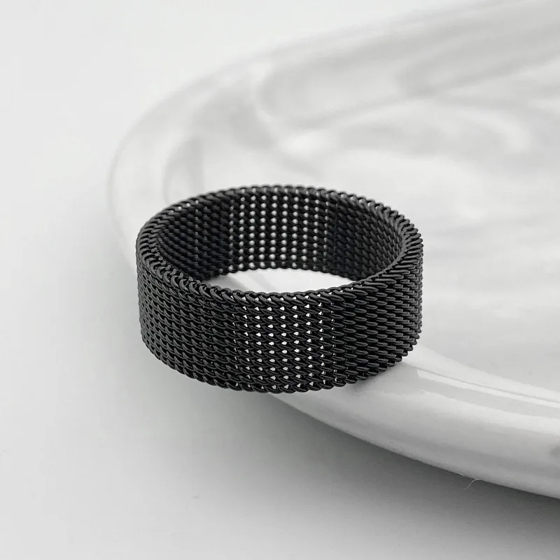 Stainless Steel Ring Finger Ring Gold Color Ring 8MM Mesh for Men and Women Size 7-10#