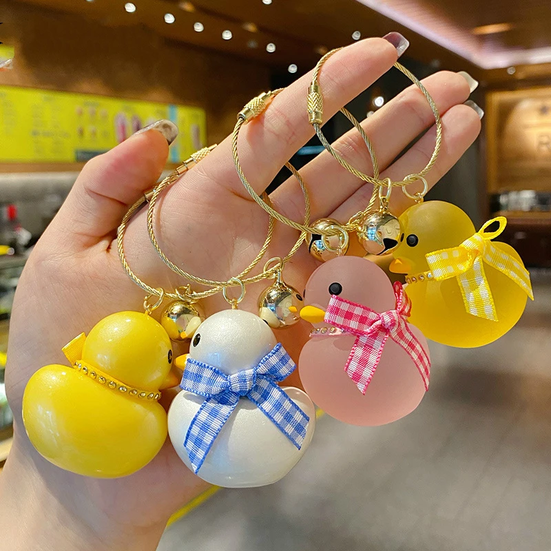 Creative Cartoon Arylic Duck Keychain Cute Red Yellow White Ribbon Bag Car Metal Keyring Lanyard Girl Boy Lover Gift