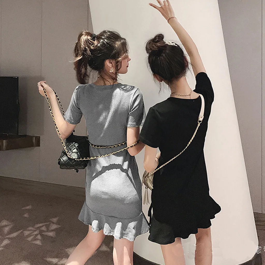 Jaycosin Fashion Summer Casual O-Neck Short Sleeve Elegant Women Summer Long Dress Ladies Slim Thin Solid Ruffles Knee Dress 319