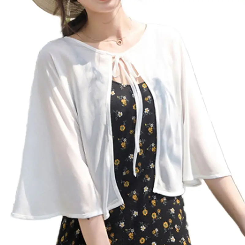 

Womens Summer Sheer Short Cardigan Shrug Shawl White Lace-Up Tie Front Beach Vacation Sunscreen Cropped Bolero Cover Ups