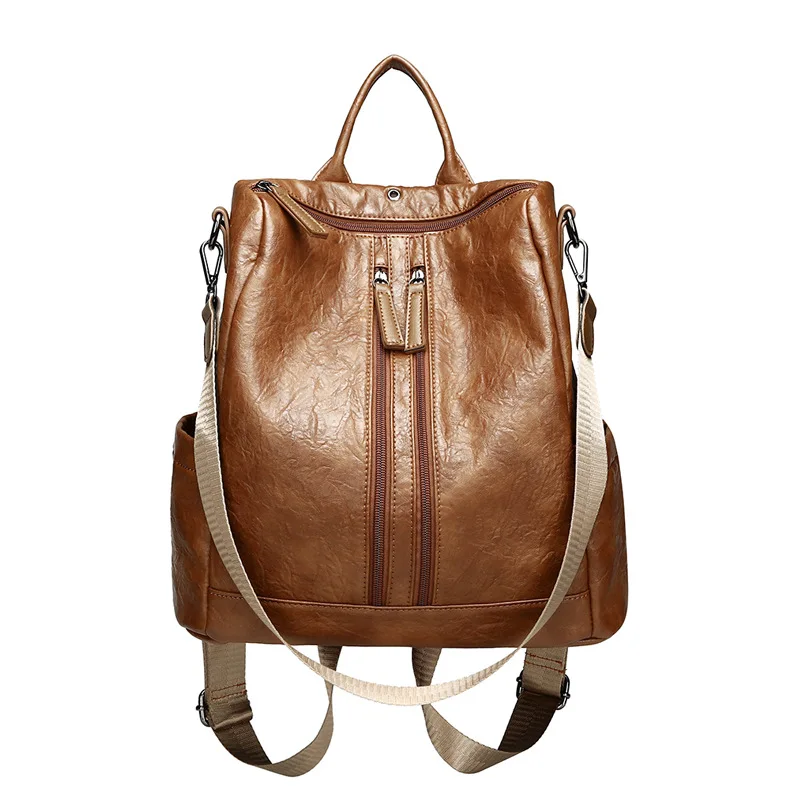 

Backpack Korean-style 2019 New Style Simple Retro Soft Leather Double Zip Casual Backpack Hit Bag Fashion School Bag