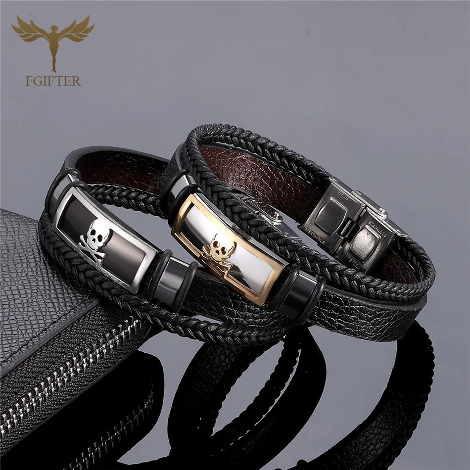 

Punk Mens Bracelet Skull Design Stainless Steel Jewelry Accessory Multilayer Leather Bracelets Male Armband pulseras para hombre