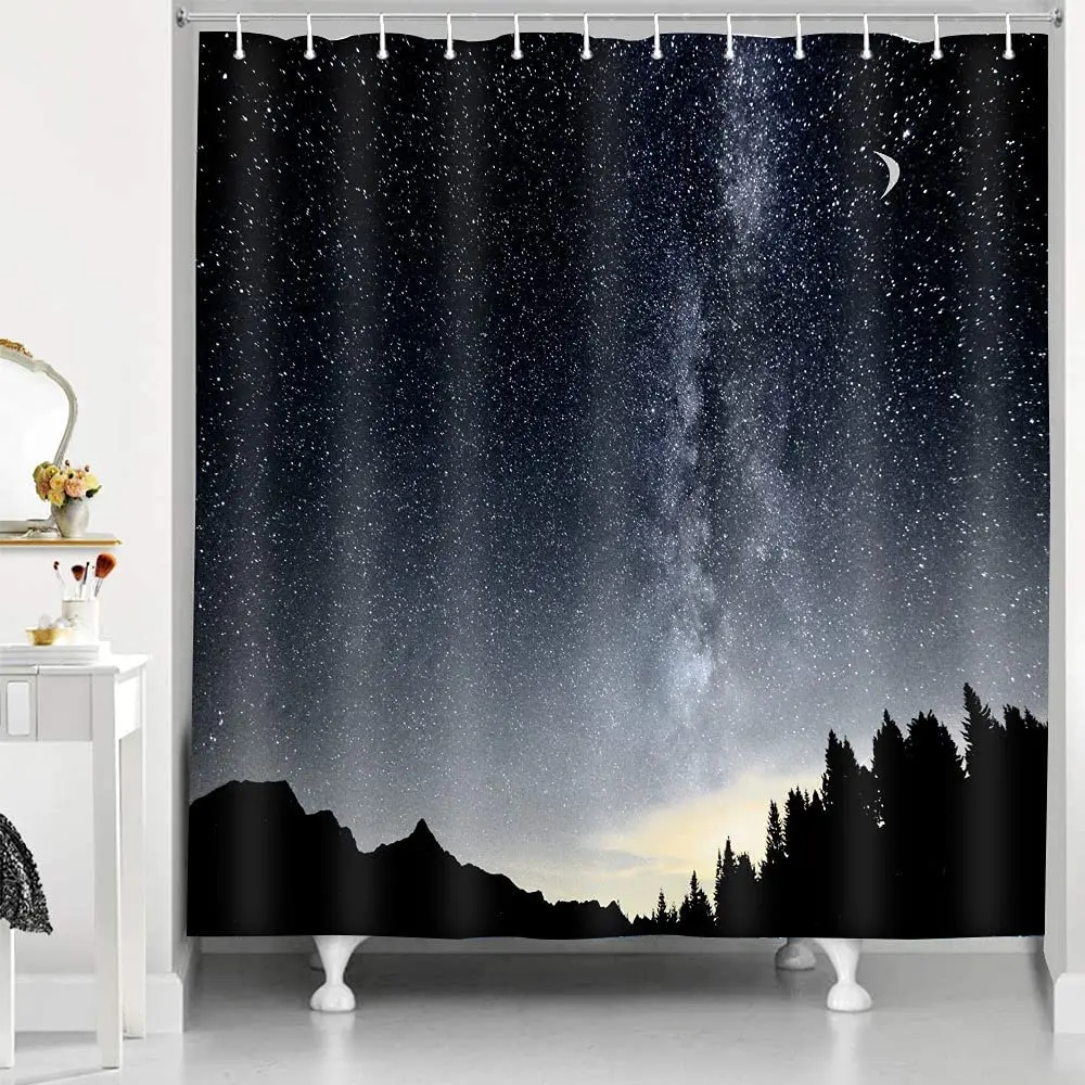 Blue Nice Night Forest 3D Shower Curtain Waterproof Fabric Bathroom Decoration 