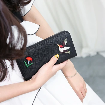 

Flower Bird Embroidered Purse Wallets Women Wallet Leather Luxury Long Wallet Womens Wallets And Purses Woman Zipper Card Holder