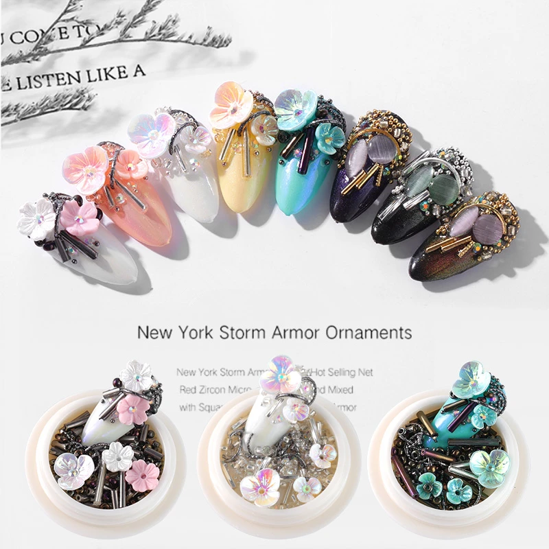 

1 Box Natural Shell Flower 3D Nail Art Decorations Glass Tube Pearl Crystal Rhinestone Beads Metal Rivets Jewelry DIY Ornaments