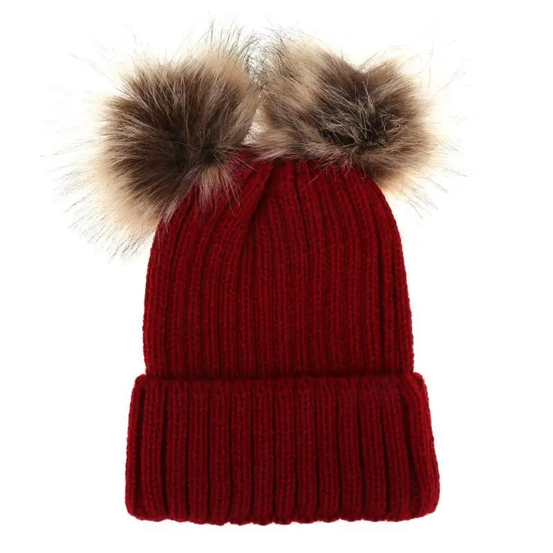 

2018 Autumn & Winter New Style Double Furry Ball Knitted Hat Europe And America Fashion Kawaii Set of Head Cap Parent And Child