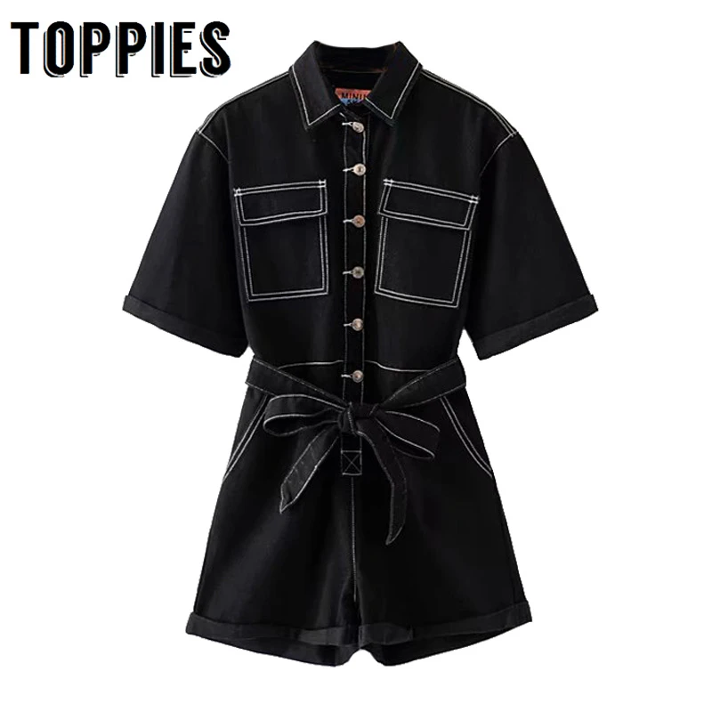 

Vintage Black Denim Playsuits Women Jumpsuits Jean Overalls Short Sleeve petos mujer verano