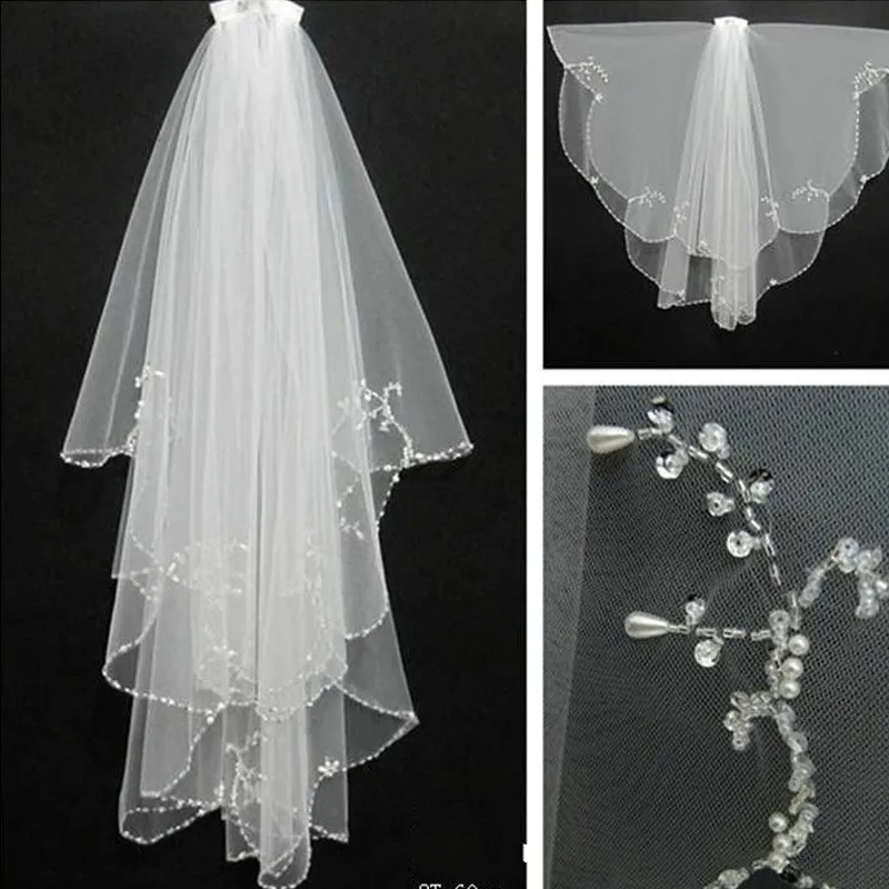 New Bridal Veil Velos De Novia Free Shipping White/Ivory Tulle Short Wedding Veil With Combe Sequin Beaded 2 Layer In Stock