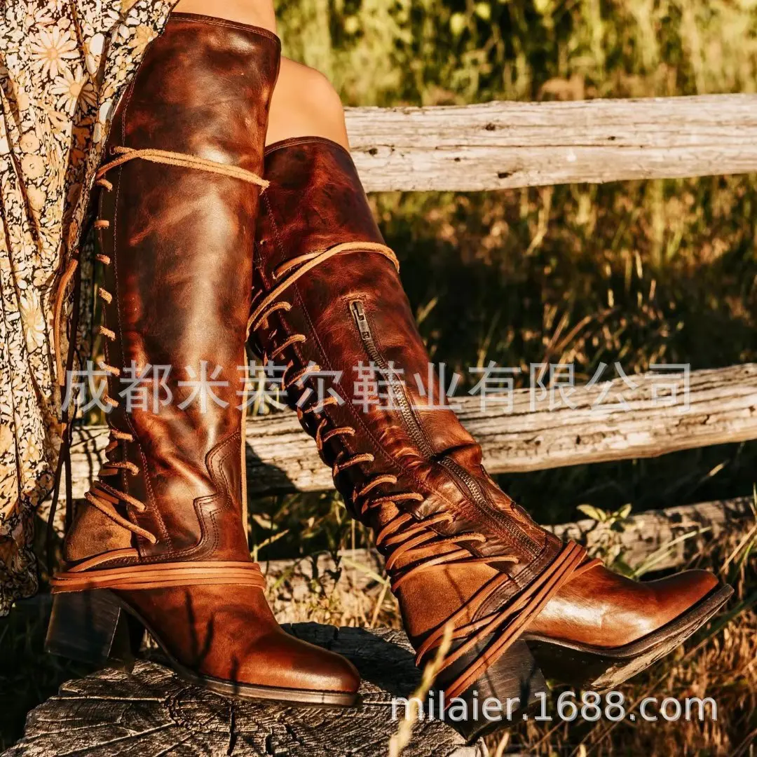 

Women's Pointed Toe Faux Pu Europe And America WOMEN'S Leather Boots Side Zipper Martin Boots Thick Extra High Biker Boots Low H