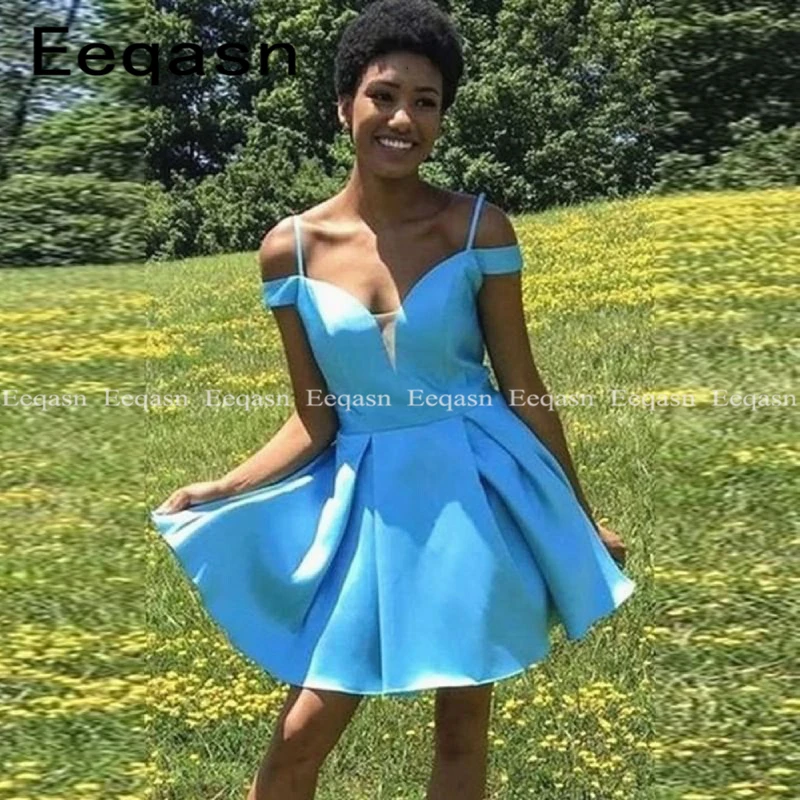 Little Blue Cocktail Dresses Sexy Backless Satin Short Formal Homecoming Party Gowns Mini Prom Gowns Abiye Vestidos