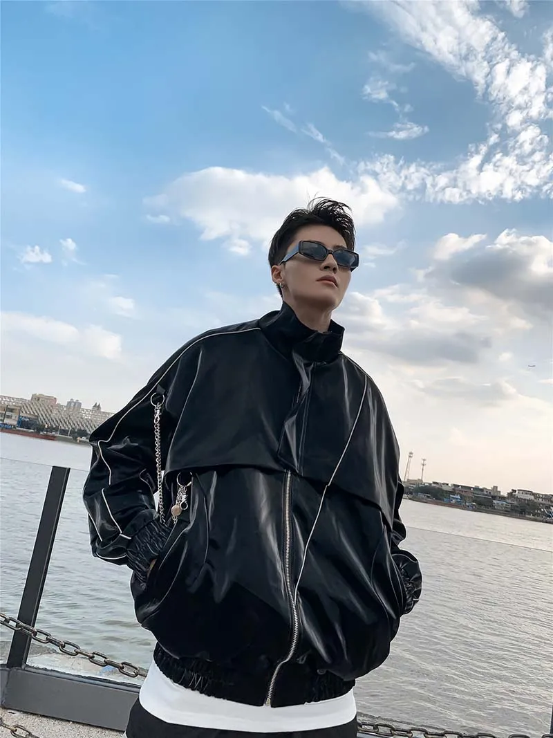 UNCLEDONJM Patchwork Autumn Winter Casual Zipper PU Leather Jacket Motorcycle Leather Jacket Mens Jackets And Coats 1982