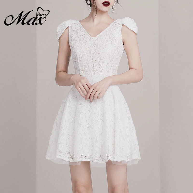 

Max Spri Women Vintage Sexy V-neck High Waist Lace A-Line Fashion Mini Dress 2019 New Fashion Party Vestidos White