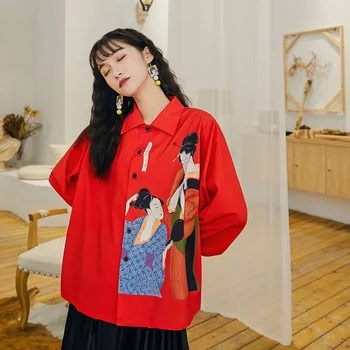 

Women Autumn Lantern Long Sleeve Loose Casual Japan Style Print Shirt Cardigan Female Streetwear Hip Hop Vintage Fashion Blouses