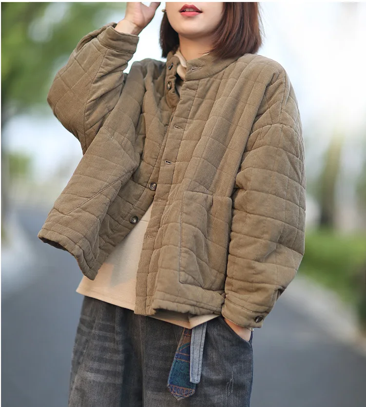 

Mori Girl Line Artistic 19 New Style Stand Collar Short Pattern Corduroy Cotton Overcoat 6984