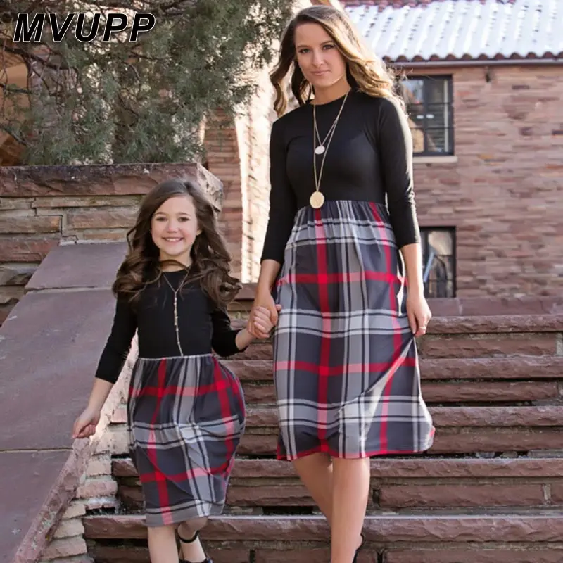En Ligne Plaid mère fille robes pour maman et moi correspondant vêtements famille look tenues maman fille robe vintage longue maman noël