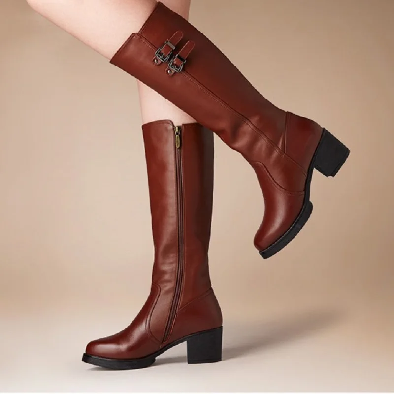 

women's warm first layer genuine cow leather mid calf riding boots black brown winter side zipper high shoes size 34-40 658CPC