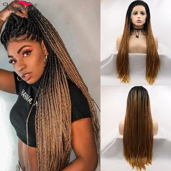 

Kryssma Long Synthetic Wigs Ombre Brown Blonde Wig Braided Lace Front Wigs Two Tone Braided Box Braids Wig For Black Women