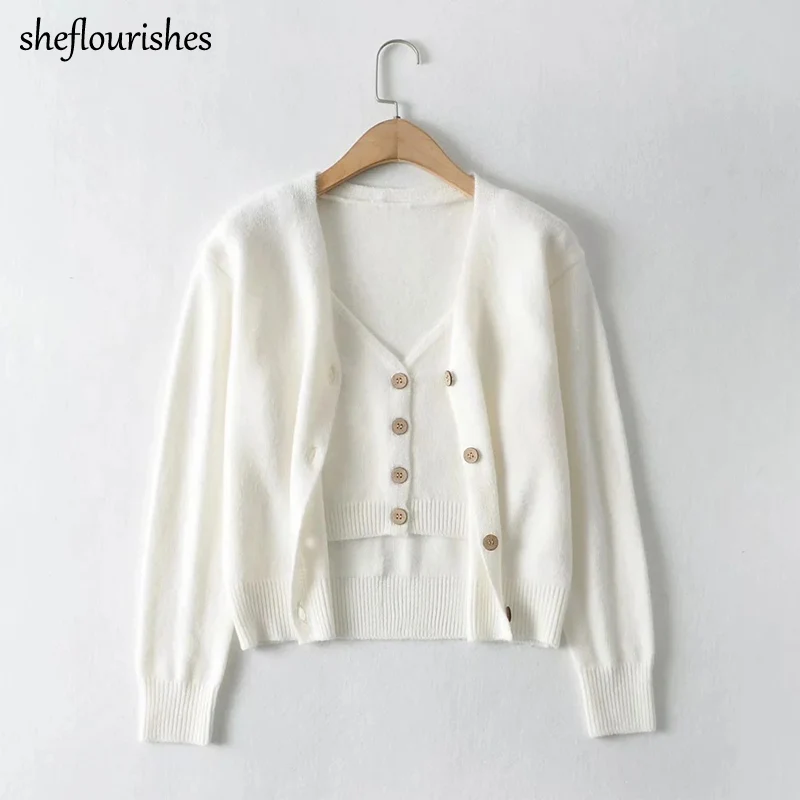 

Vintage sweater women button up cardigan white sexy crop top knitted v neck tank top two piece set women korean sweater set 2020