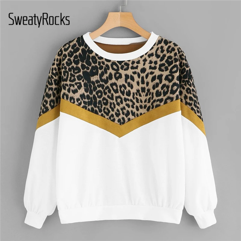  SweatyRocks Leopard Panel Drop Shoulder Sweatshirt Long Sleeve O-Neck Pullover Tops 2018 Fashion Au