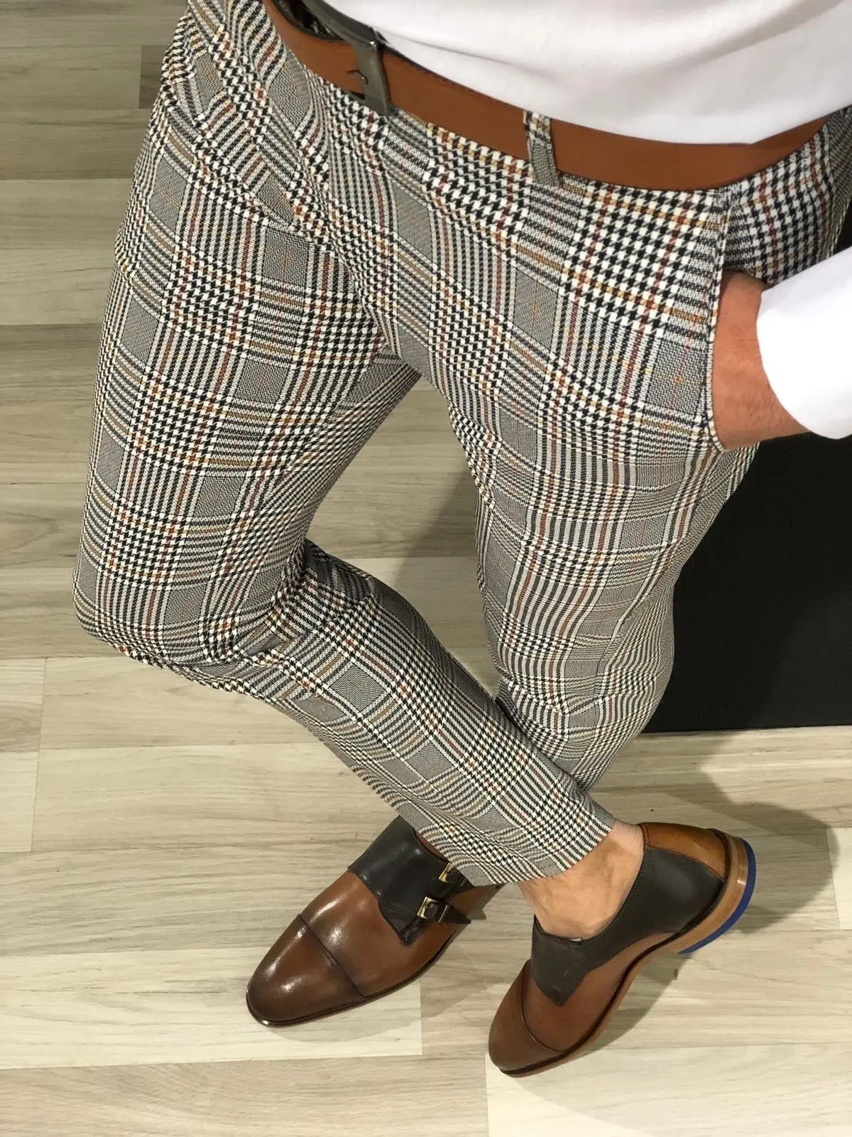 Mens Slim Fit Trousers Check Casual 