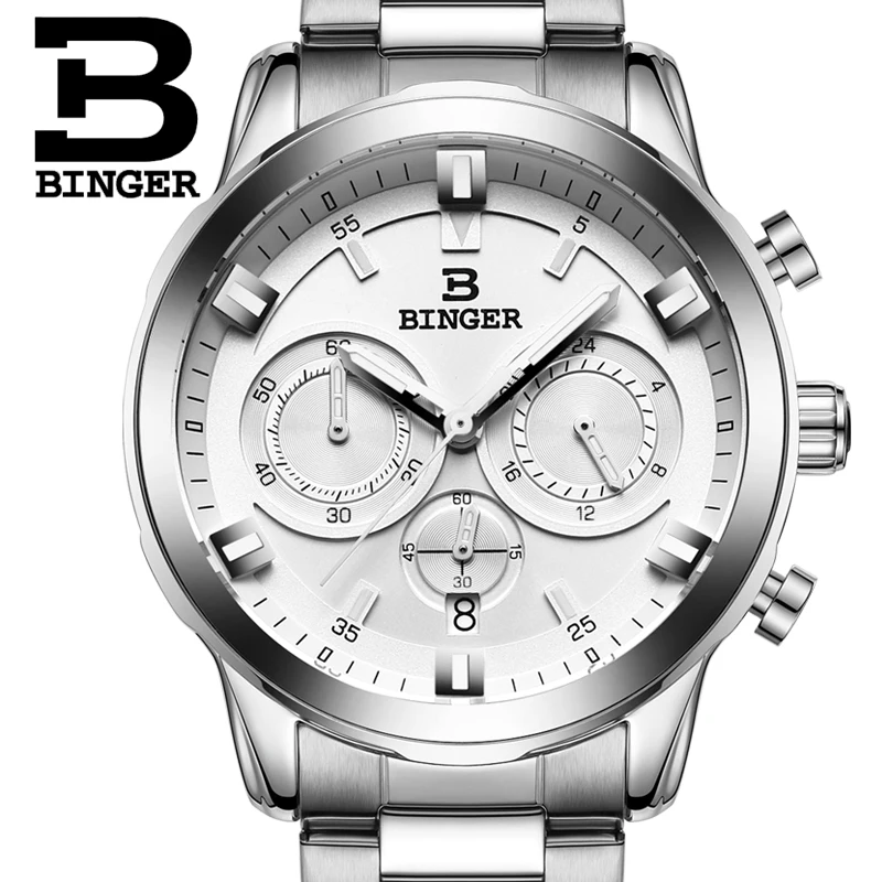 BINGER мужские роскошные часы, мужские спортивные часы с хронографом, мужские кварцевые наручные часы из натуральной кожи, водонепроницаемые B-9011G - Цвет: 01