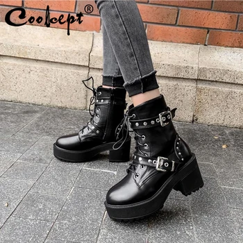

Coolcept Women Short Boots Metal Buckle Thick Bottom Women Ankle Boots Punk Cool Ladies Shoes Women Footwear Size 35-40