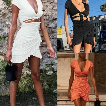 

2020 New Summer Women Suit Sexy Short Sleeve Crop Tops Solid Backless Bandage Ruffles Mini Skirts Holiday Beach Sets