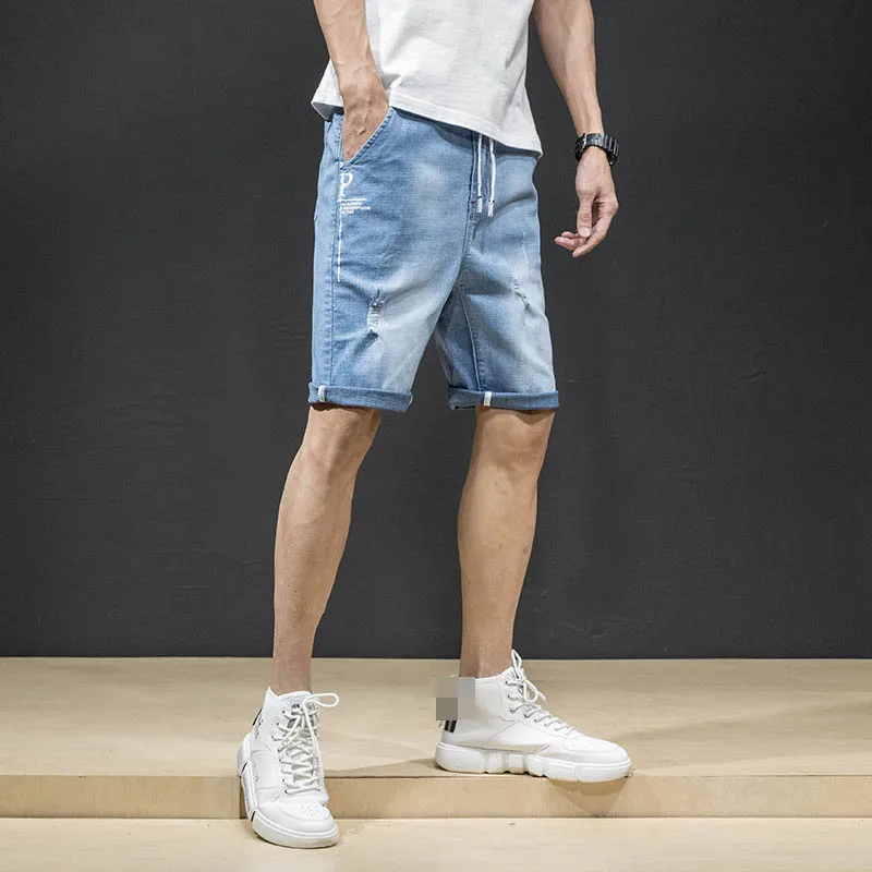 Summer Men Clothing Rippded Hole Solid Straight Casual Denim Shorts Men's Jeans Short Male Breathable Stretch Men's Short Pants Summer Men Clothing Rippded Hole Solid Straight Casual Denim Shorts Men's Jeans Short Male Breathable Stretch Men's Short Pants