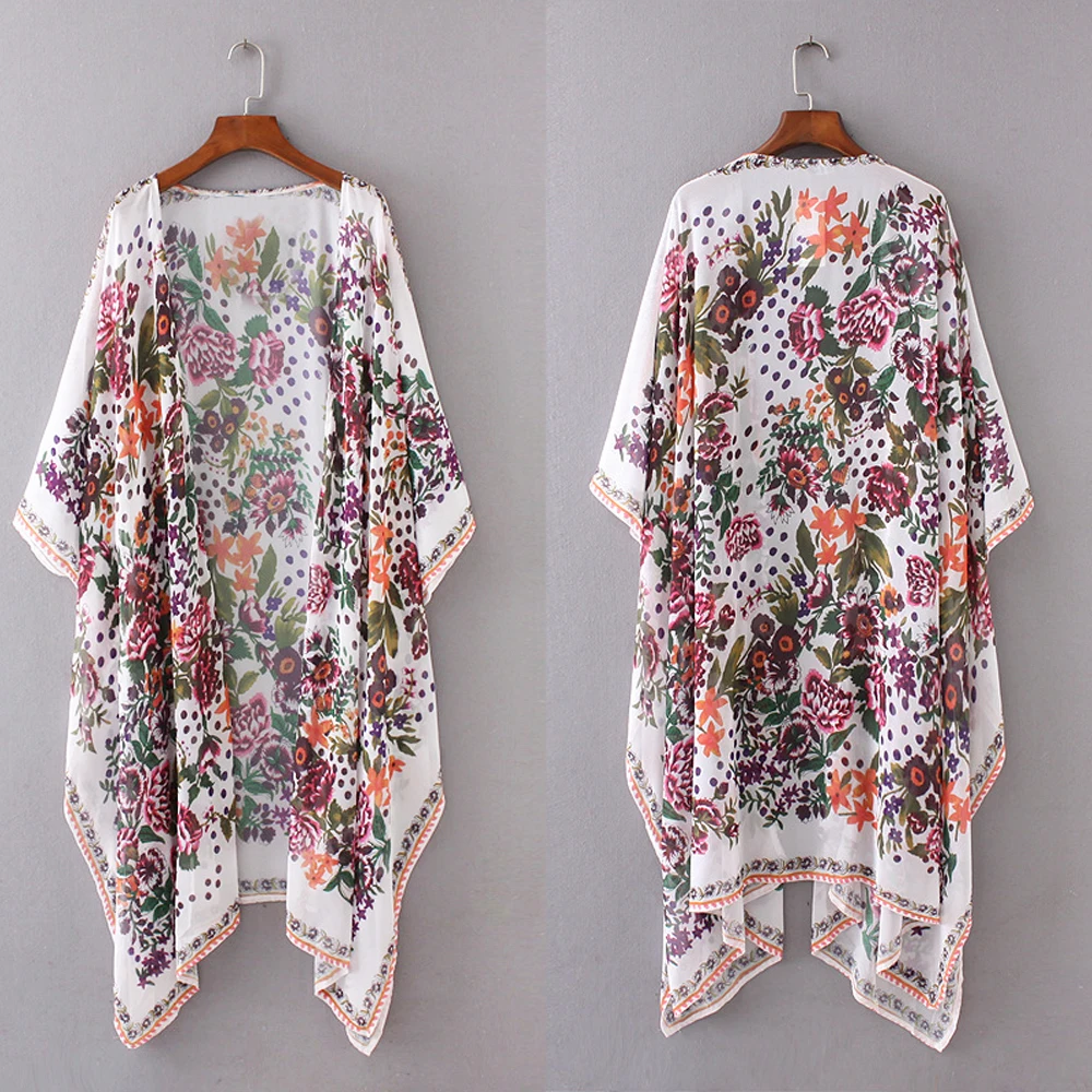 Для женщин свободное с цветочным принтом блуза летняя Повседневное богемный шифон пальто шаль Кимоно Кардиган Топы плюс Размеры 3XL