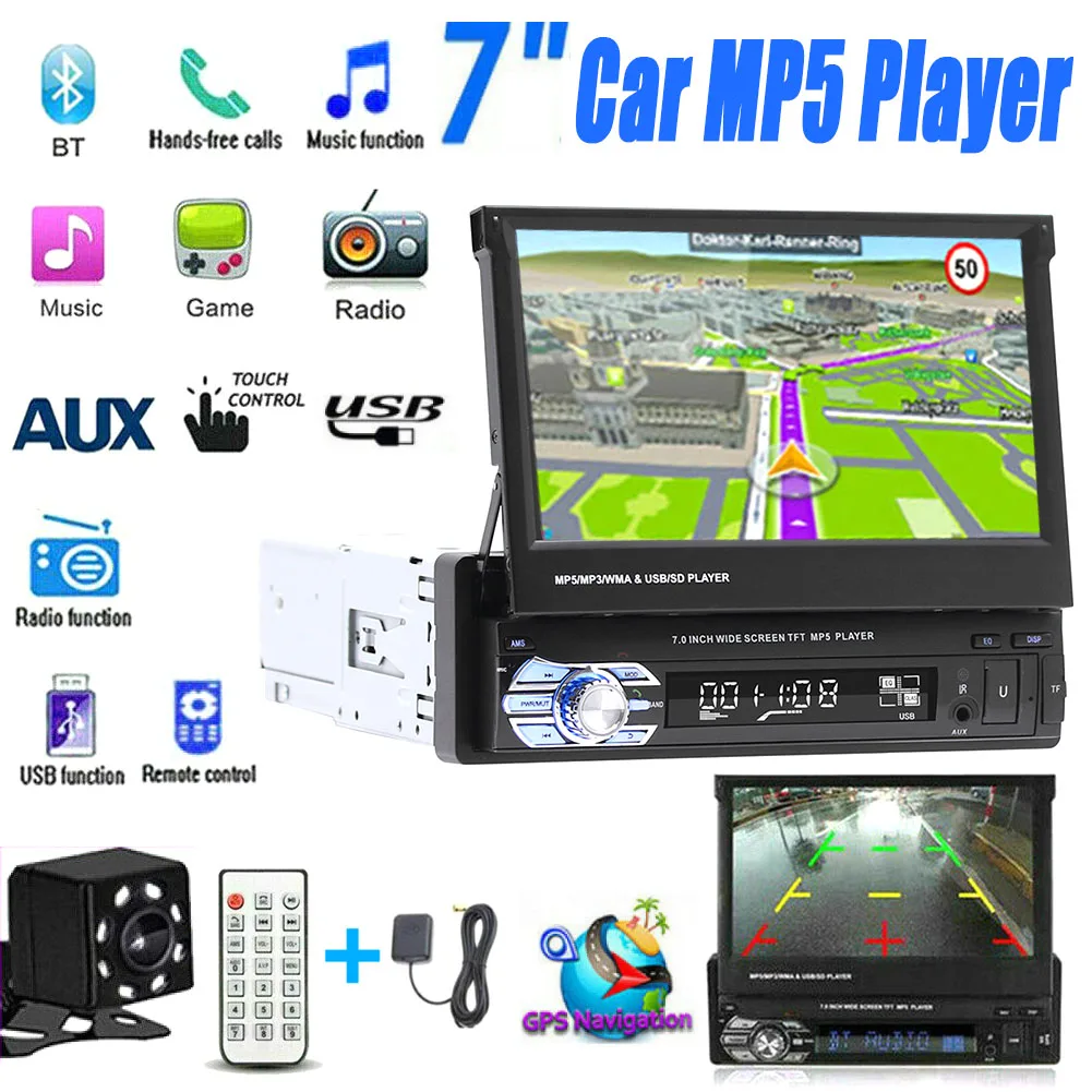 

7''Telescopic Touch Car Stereo Audio Radio GPS Navigation Retractable Autoradio With BT DVDMP5 SD FM USB Player Rear View Camera