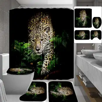 

3D Print Animal Tiger Waterproof Shower Curtain Set Bath Screens Toilet Polyester Cover Mat Set Anti-Slip Bathroom Rugs Kits
