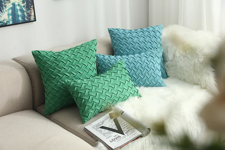 Blue Cushion Cover Soft Faux Suede Home Decorative Navy Pillow Cover Woven Pattern Green 45x45cm/30x50cm